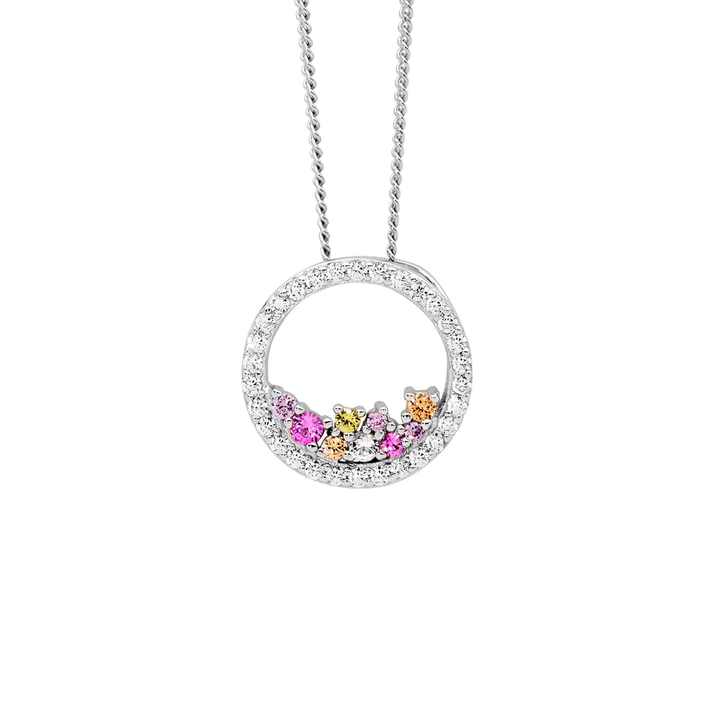 Sterling Silver White Cubic Zirconia 14mm Open Circle Pendant With Scattered Pastel Colour Cubic Zirconia   