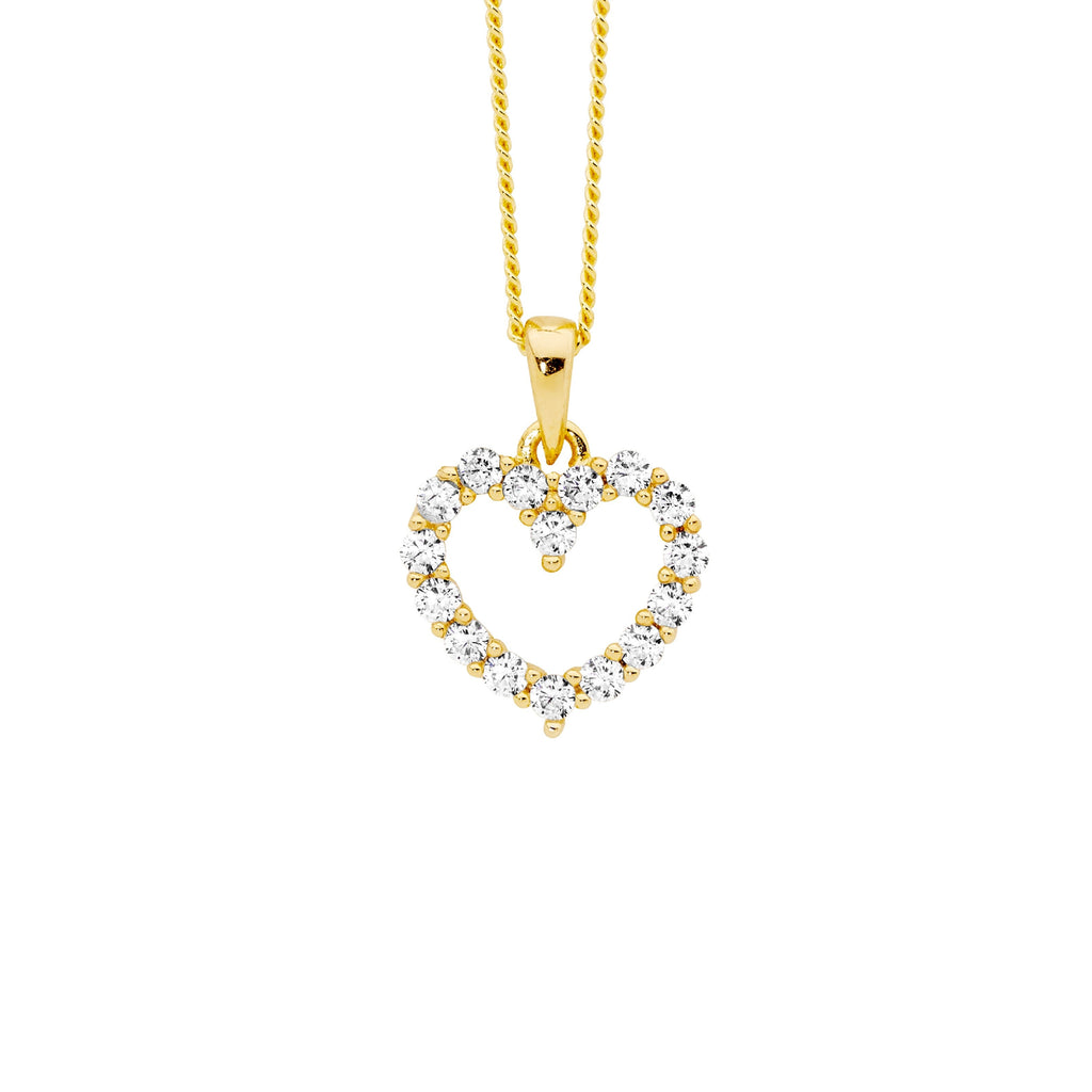 Sterling Silver White Cubic Zirconia 11mm Open Heart Pendant  With Yellow Yellow Gold Plating   
