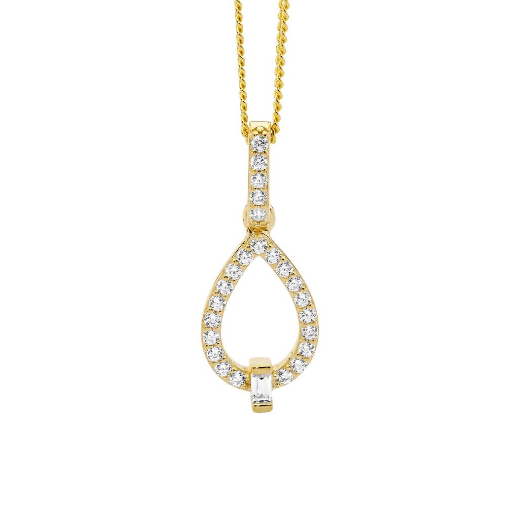 Sterling Silver White Cubic Zirconia Open Tear Drop Pendant With Baguette & Yellow Gold Plating   