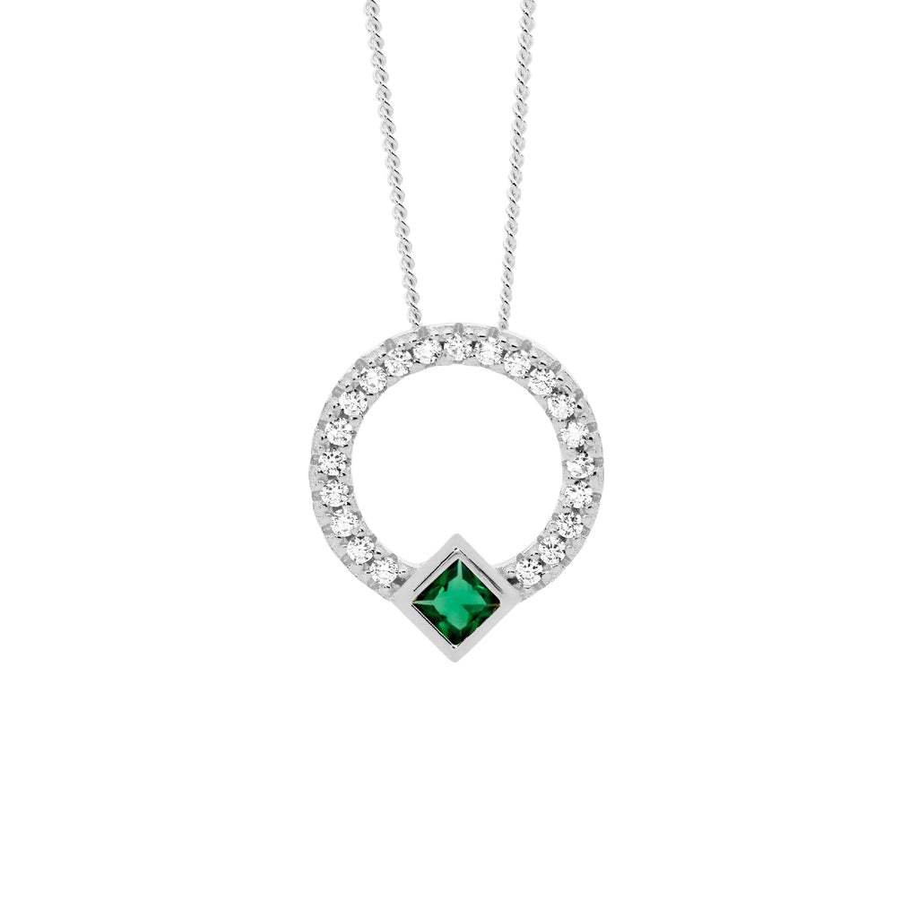 Sterling Silver White Cubic Zirconia 13mm Open Circle Pendant With Green Cubic Zirconia Princesterling Silver Cut Bezel Set   