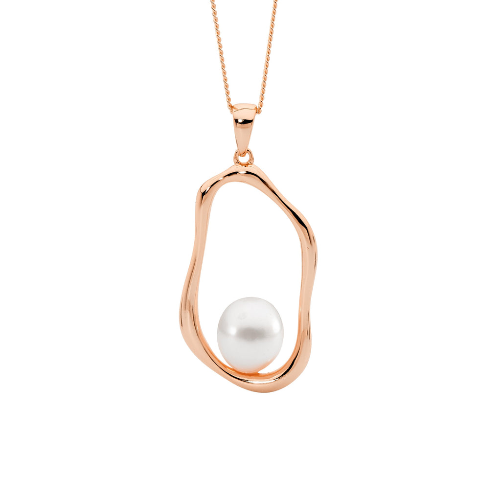 Sterling Silver Open Wave Oval Pendant With Freshwater Pearl, Rose Yellow Gold Plating   