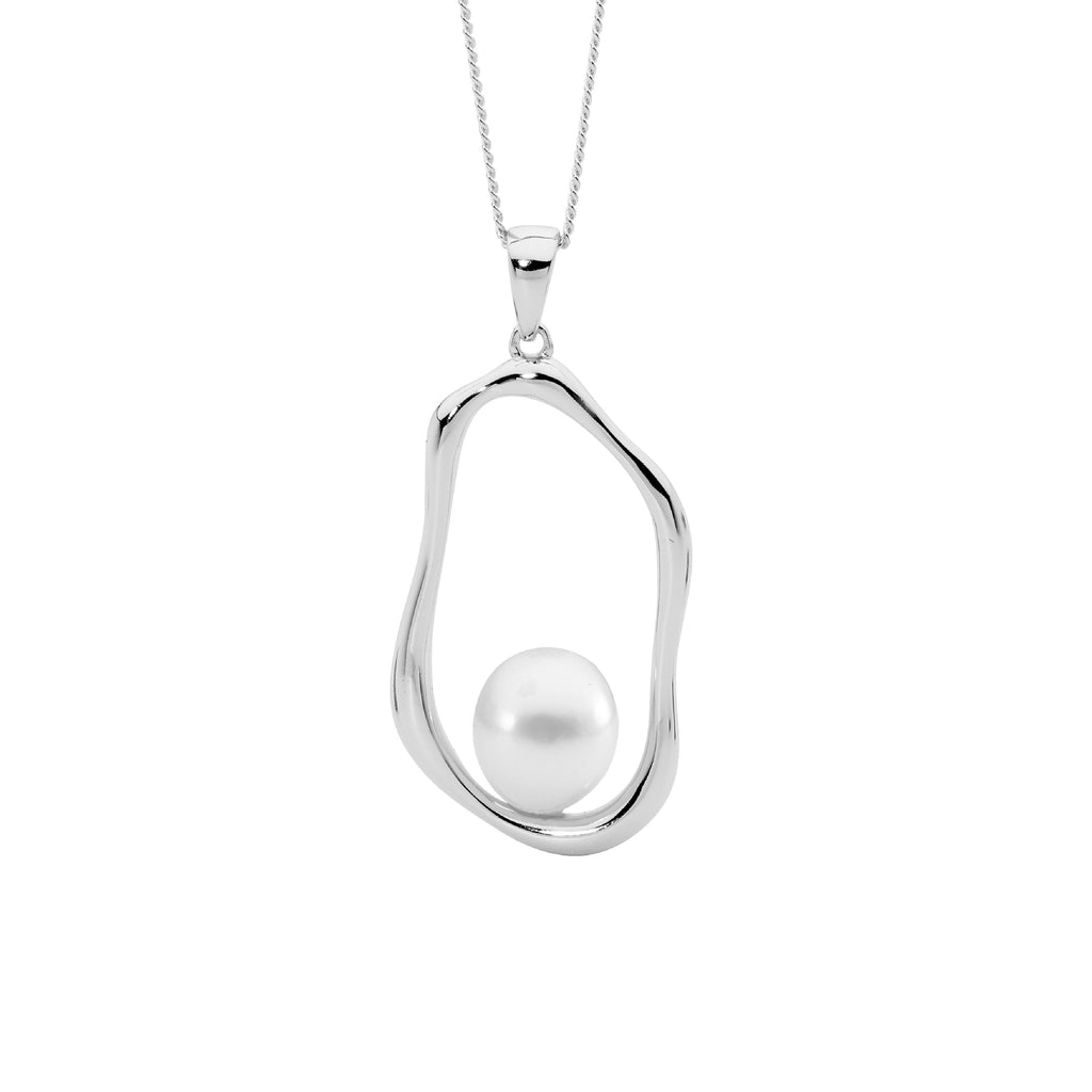 Sterling Silver Open Wave Oval Pendant With Freshwater Pearl   