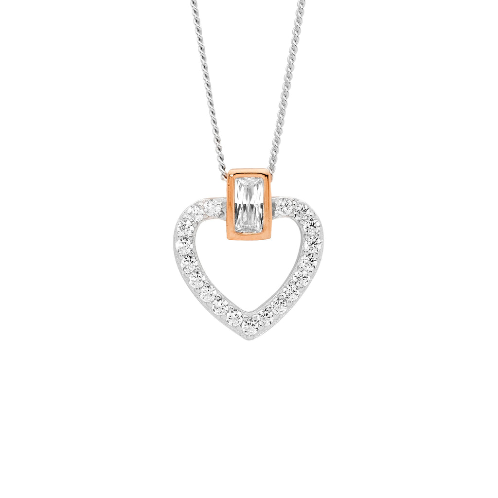 Sterling Silver White Cubic Zirconia Open Heart With Rose Gold Plated Bezel Set Baguette Pendant   