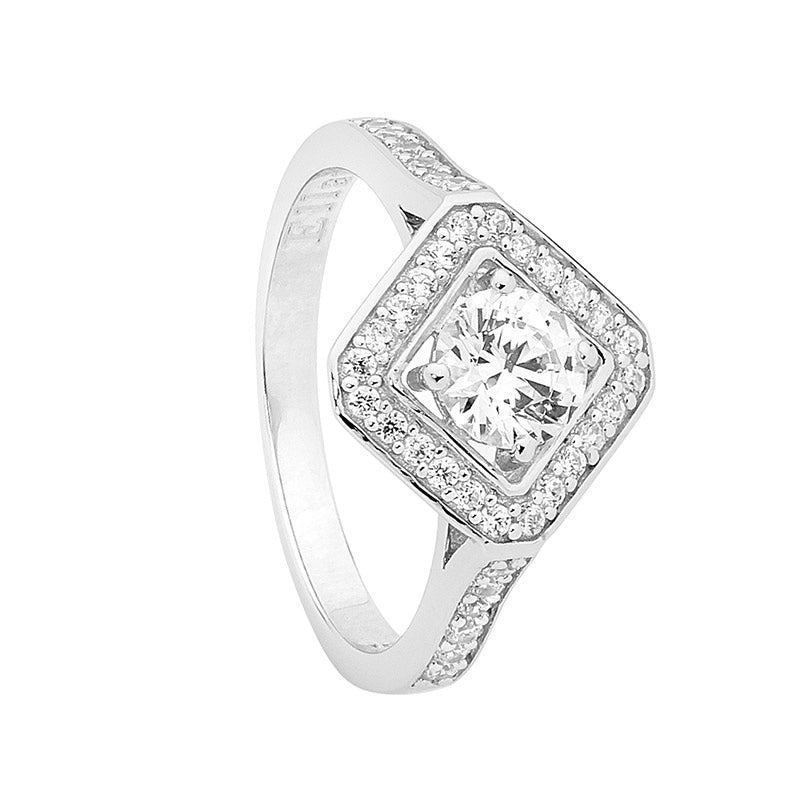 Sterling Silver Round Brilliant Cut White Cubic Zirconia With Square Halo Ring