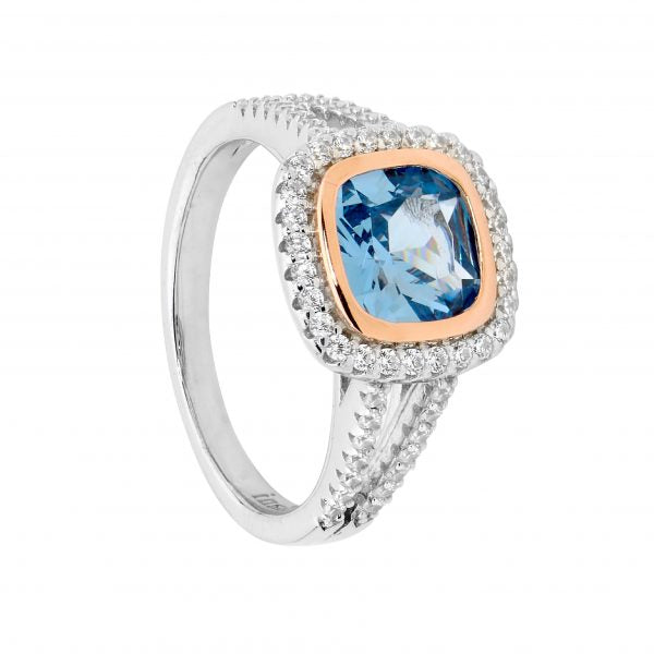 Sterling Silver With Rose Gold Plating Blue Spinel & White Cubic Zirconial Halo Ring With Split Band