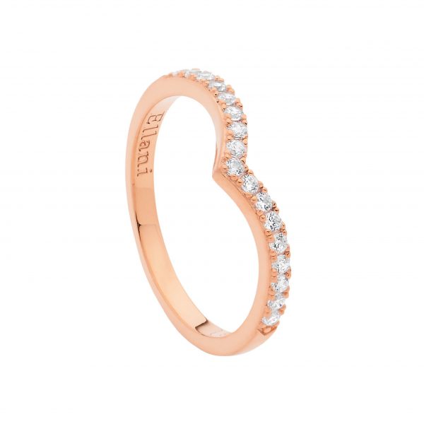 Sterling Silver White Cubic Zirconia V Ring  With Rose Yellow Gold Plating   