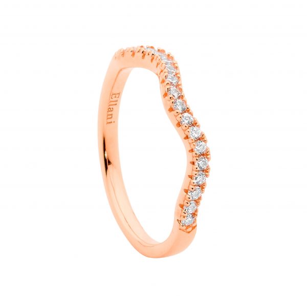 Sterling Silver With Rose Gold Plating White Cubic Zirconia Wave Stacker Ring