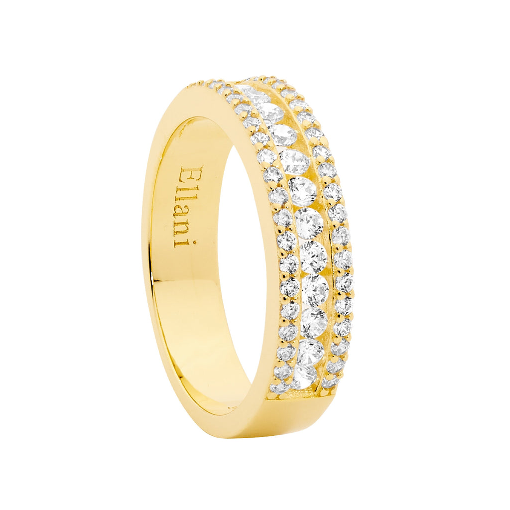 Sterling Silver White Cubic Zirconia Ring  With Channel Set Centre Row, Yellow Gold Plating   