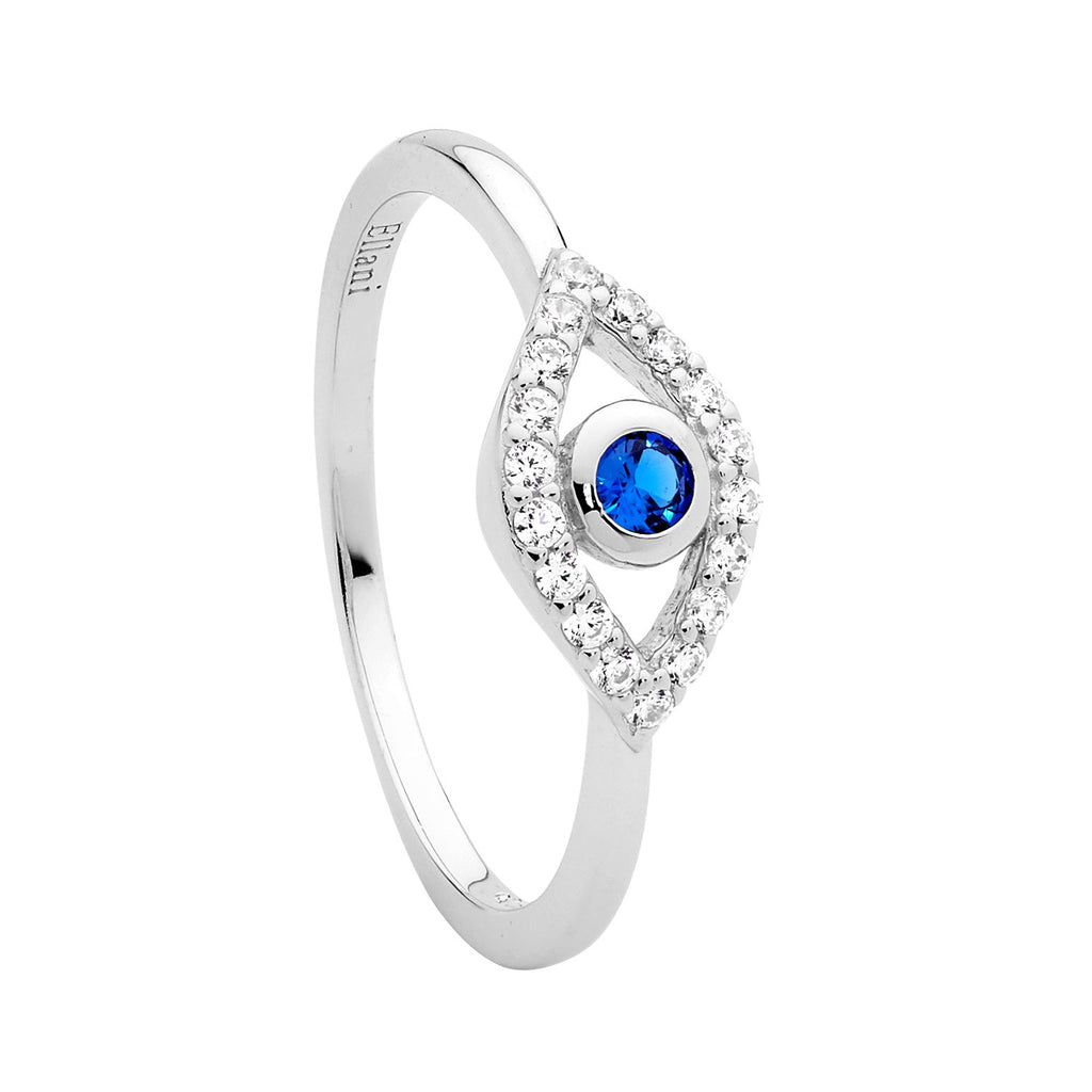 Sterling Silver White & Blue Cubic Zirconia Bezel Set Evil Eye Ring    