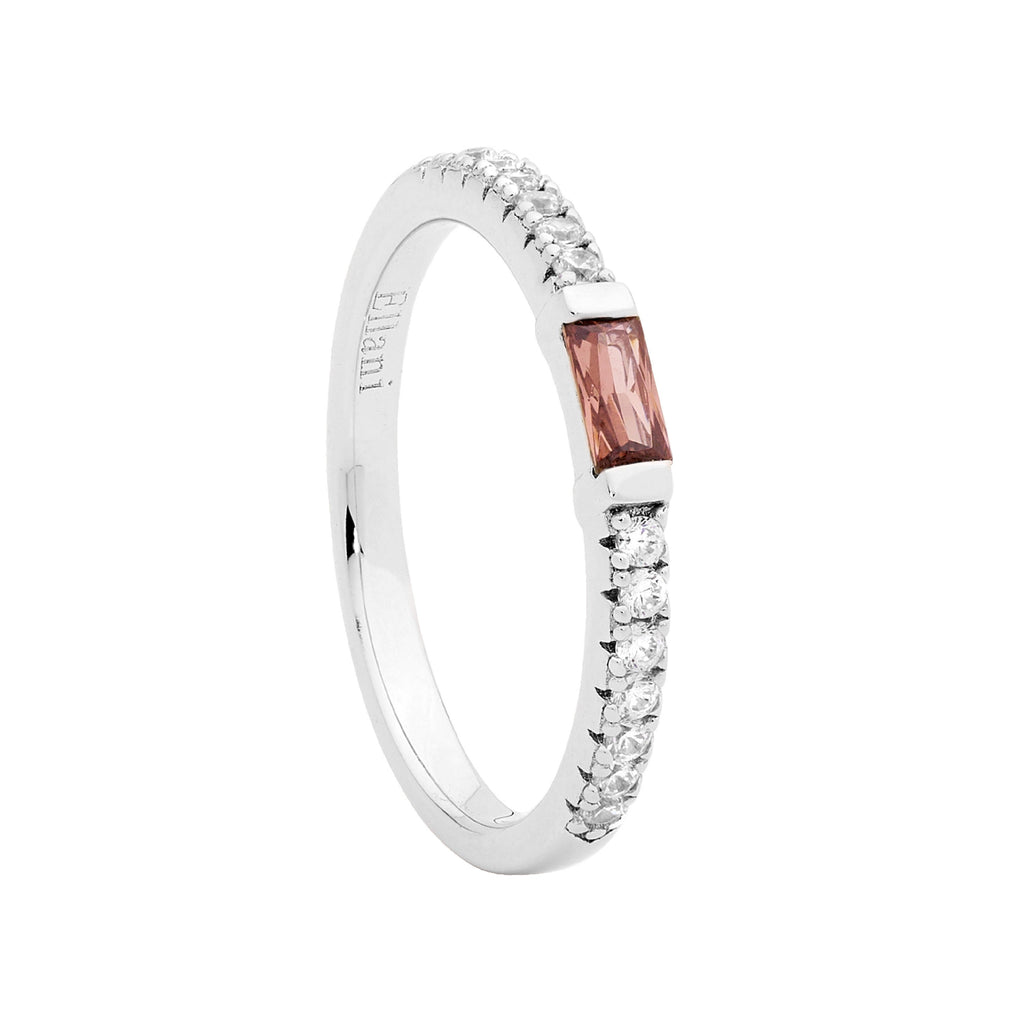 Sterling Silver White Cubic Zirconia Band With Rhodolite Baguette Cubic Zirconia Ring    