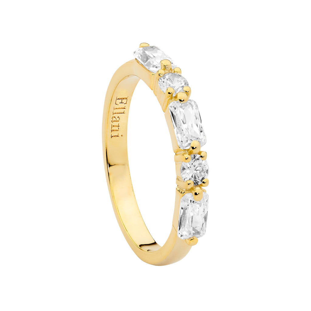 Sterling Silver White Cubic Zirconia Round & Baguette Ring   With Yellow Yellow Gold Plating   