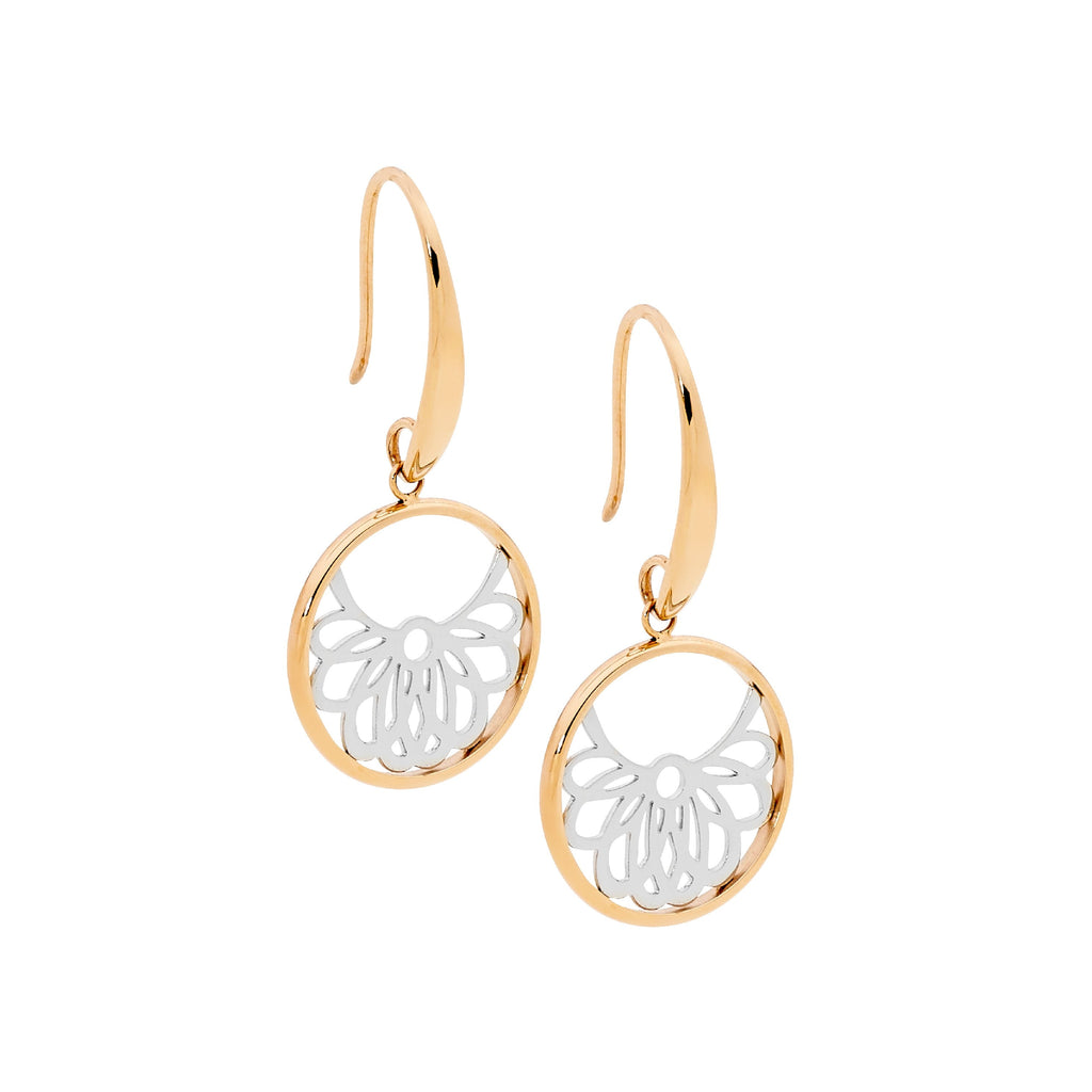 Stainless Steel Circle Drop Earrings With Filigree & Rose Gold Ip Plating   