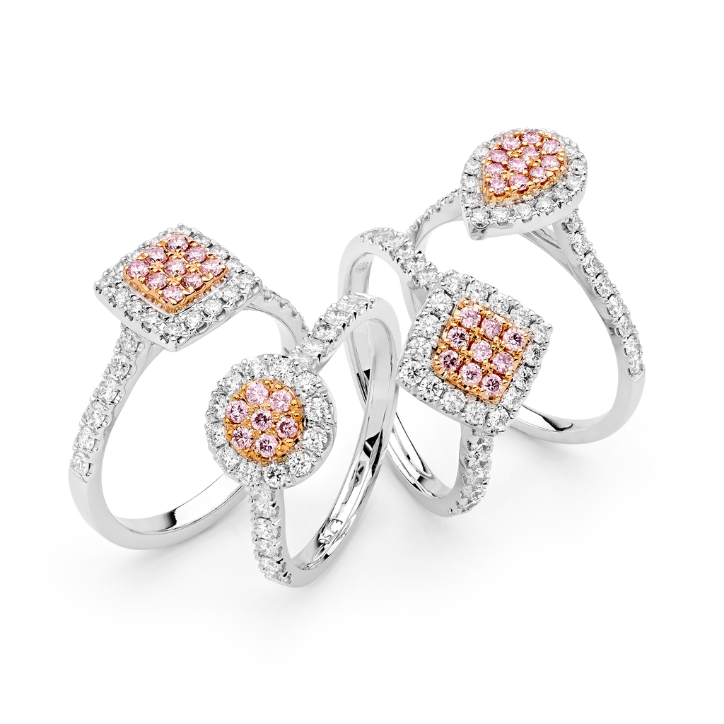 Australian Argyle pink diamond rings, earrings, and pendants in rose and white gold settings.