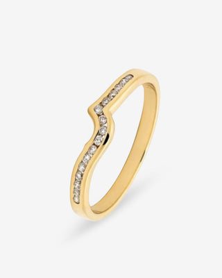 9k yellow gold wedding band with 16 round brilliant cut diamonds set along the band, displayed on a white background