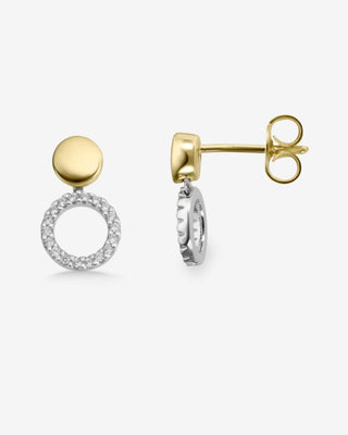 9k Yellow & White Gold Double Circle Diamond Stud Earrings