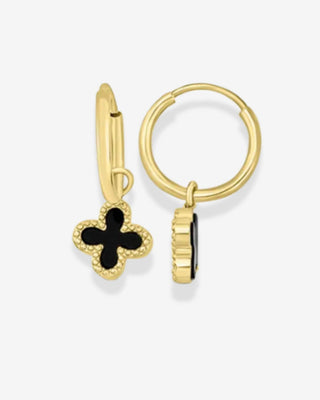 9k Yellow Gold Black Onyx Clover Huggie Earrings