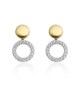 9k Yellow & White Gold Double Circle Diamond Stud Earrings
