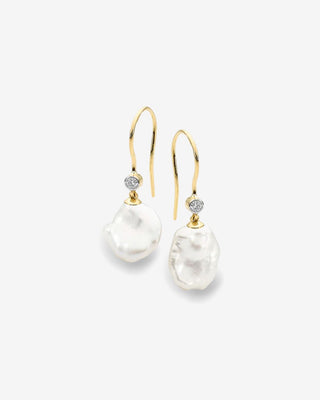 9k Yellow Gold 12-13mm White Keshi Freshwater Pearl & Diamond Shepherds Hook Earrings