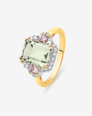 9k Yellow Gold Green Amethyst, Pink Sapphire & Diamond Ring