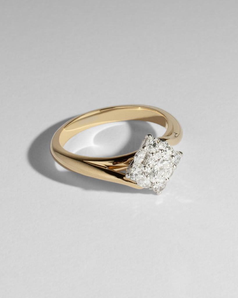 18k Yellow & White Gold Round Brilliant Cut Engagement Ring With Round Brilliant Cut & Marquise Diamond Halo