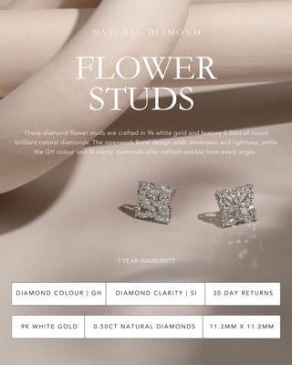 9k White Gold Natural Diamond-Set Flower Studs