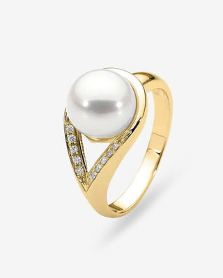 9k Yellow Gold 9-9.5mm White Round Freshwater Pearl 'Relic' Diamond Ring