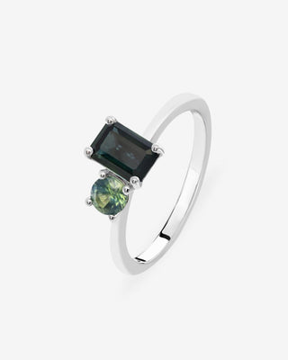 9k White Gold Teal & Parti Sapphire Emerald & Round Cut Toi Et Moi Ring