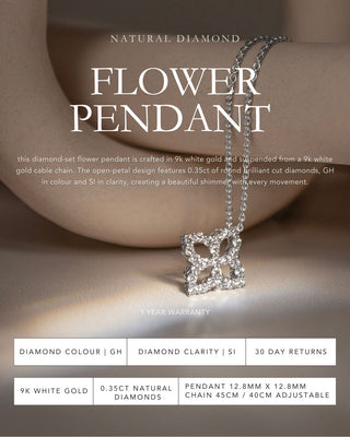 9k White Gold Natural Diamond-Set Flower Pendant With Chain