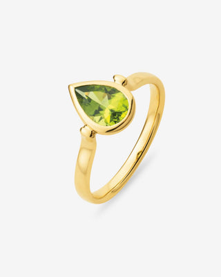 9k Yellow Gold Pear Shaped Peridot Bezel Set Dress Ring