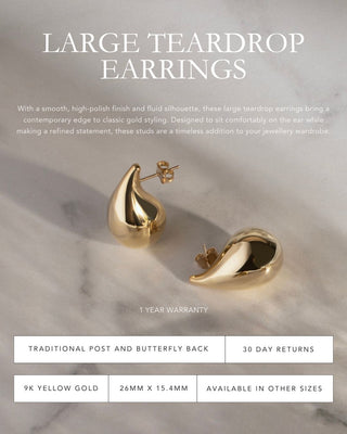 9k Yellow Gold Large Teardrop Stud Earrings