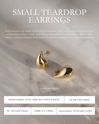9k Yellow Gold Medium Teardrop Stud Earrings
