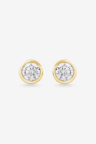 Dara 9k yellow gold 1ct round brilliant lab-grown diamond bezel stud earrings, E-F colour, VS clarity