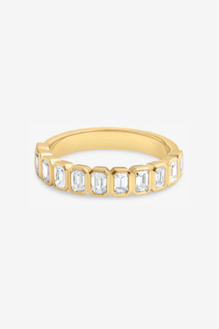 Eliza 18k yellow gold 0.90ct emerald cut lab-grown diamond bezel wedding ring, D-E colour, VVS clarity
