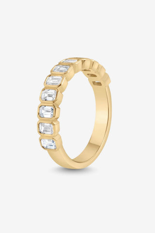 Eliza 18k yellow gold 0.90ct emerald cut lab-grown diamond bezel wedding ring, D-E colour, VVS clarity