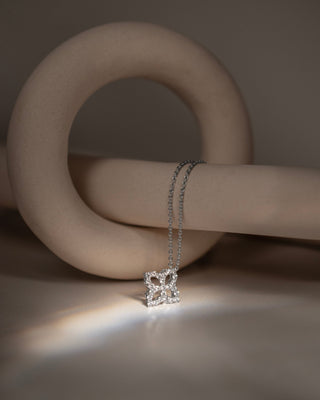 9k White Gold Natural Diamond-Set Flower Pendant With Chain