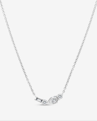 Johanna 9k white gold diamond bar cluster necklace with pear, baguette and round brilliant natural diamonds