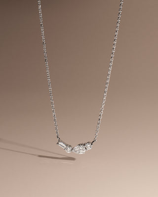 Johanna 9k white gold diamond bar cluster necklace with pear, baguette and round brilliant natural diamonds