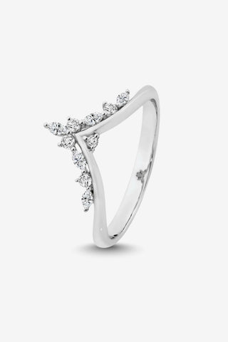 This 'crown' band features a mixed arrangement of marquise and round brilliant-cut diamonds set across 9k white gold. The alternating stone shapes pair with the refined metal band, creating visual rhythm and dimension. Wear as a wedding band, stacker, or everyday ring for subtle layering versatility.