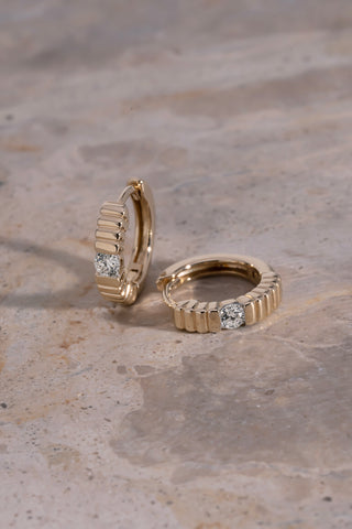 Lori 9k yellow gold 0.14ct round brilliant natural diamond ridged huggie earrings, G-H colour, SI clarity