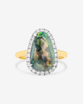 9ct Yellow & White gold Semi Black Solid Lightning Ridge Opal & Diamond Ring