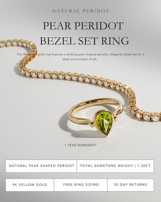 9k Yellow Gold Pear Shaped Peridot Bezel Set Dress Ring