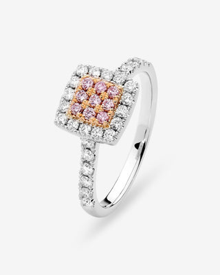 18k Rose & White Gold Argyle & Pink Diamond Square Cluster Ring With Argyle White Diamond Shoulders