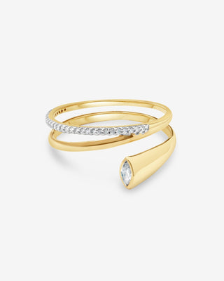 Rumi 9k yellow gold 0.13ct marquise and round brilliant diamond offset ring, H-I colour, SI clarity