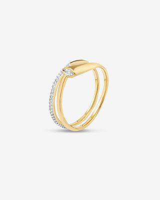 Rumi 9k yellow gold 0.13ct marquise and round brilliant diamond offset ring, H-I colour, SI clarity