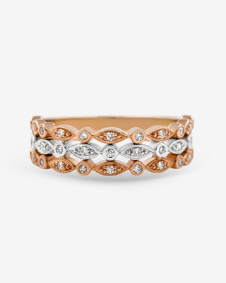 Tia 9k rose and white gold multi-row natural diamond dress ring, 0.17ct total, JK colour SI2 clarity