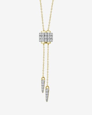 Uri 9k yellow gold lariat necklace with diamond-set barrel and tapered diamond drops
