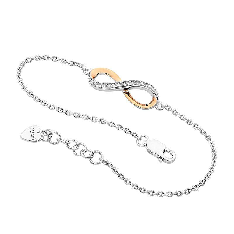 Sterling Silver Half Side White Cubic Zirconia Infinity Bracelet With Rose Yellow Gold Plating   