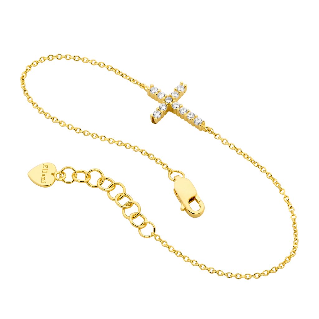 Sterling Silver White Cubic Zirconia Small Cross Bracelet With Gold Plating   
