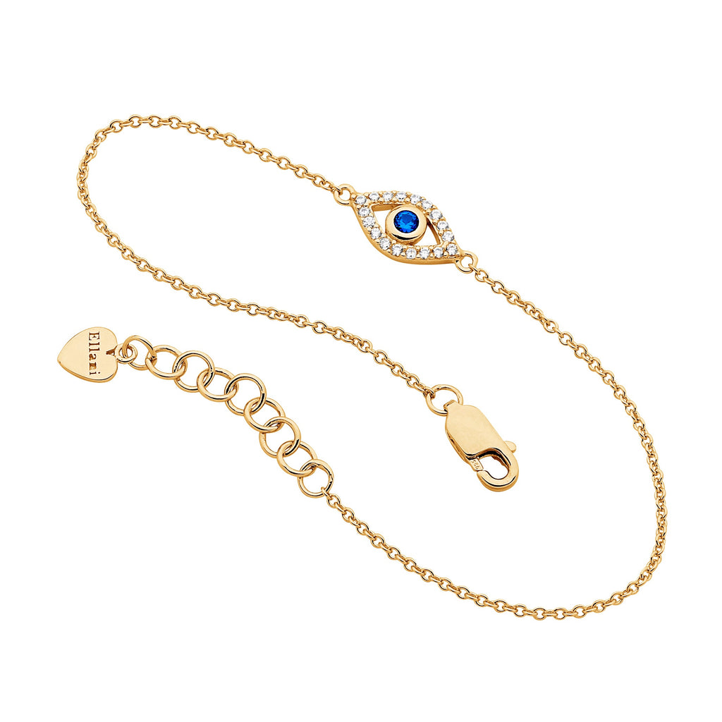 Sterling Silver White & Blue Cubic Zirconia Bezel Set Evil Eye Bracelet  With Yellow Yellow Gold Plating   
