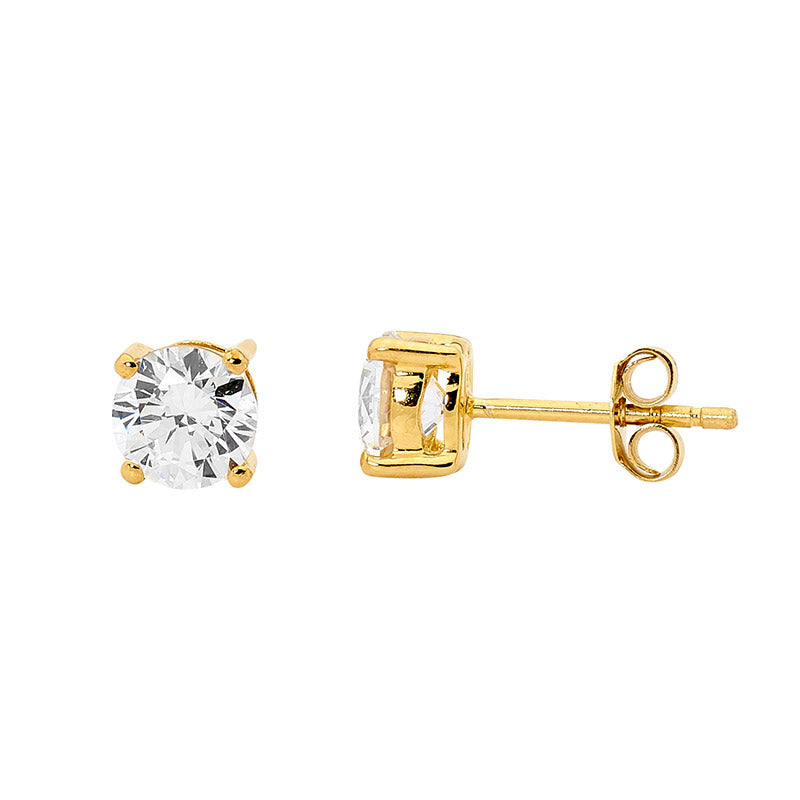 Sterling Silver 5mm Round White Cubic Zirconia Prong Set Studs  With Yellow Gold Plating  